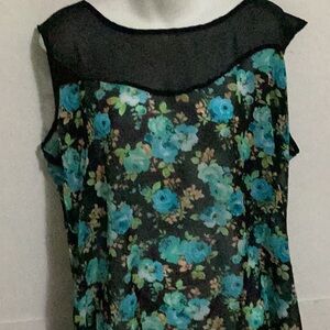 Floral Sheer Yoke Sleeveless Top in Teal Blue size 2X